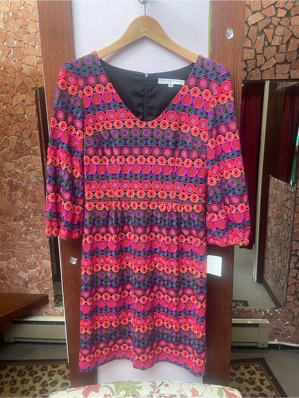 Trina Turk Pink & Purple Geometric V-Neck Mini Dress